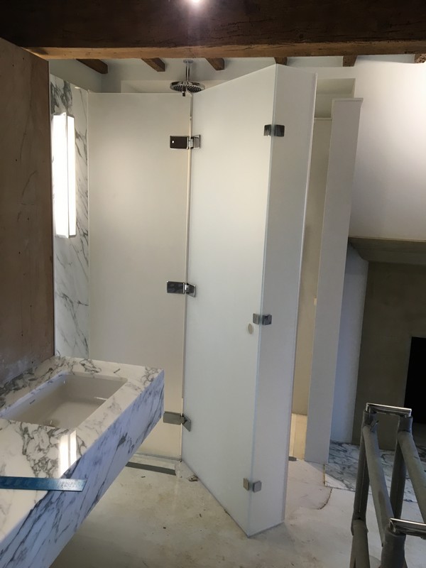 Bespoke frosted glass shower enclosure in South Lambeth luxury bathroom